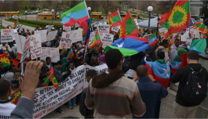 Flags of the Oromo and Ogaden people were on display at the May 9 rally in St. Paul, Minnesota
