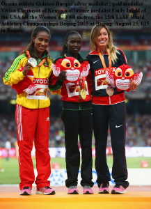 Oromo athlete Gelete Burka silver medalist in 10k IAAF world championship in Beijing, China, August 2015