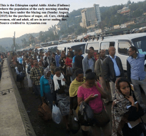 This is the Ethiopian capital Addis Ababa (Finfinne) where the population of the early morning standing in long lines under the blazing sun (Sunday August 2015) for the purchase of sugar, oil and other basic goods