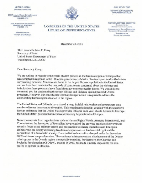 #‎OromoProtests‬ US Congress Members Keith Ellison, Betty McCollum & Tom Emmer write letter to U.S. Department of State. Page1