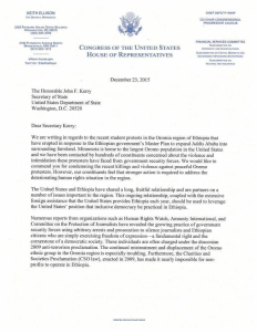 #‎OromoProtests‬ US Congress Members Keith Ellison, Betty McCollum & Tom Emmer write letter to U.S. Department of State. Page1