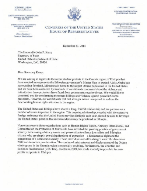 #OromoProtests US Congress Members Keith Ellison, Betty McCollum & Tom Emmer write letter to U.S. Department of State. Page1