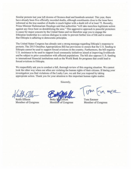 #‎OromoProtests‬ US Congress Members Keith Ellison, Betty McCollum & Tom Emmer write letter to U.S. Department of State