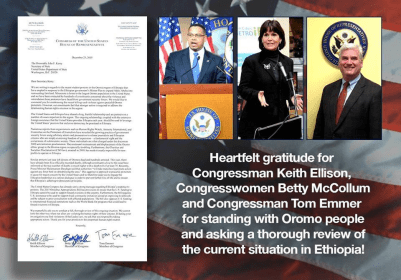 Congressman Keith Ellison and Tom Emmer, and Congresswomen Betty McCollum stood with the Oromo people by condemning the actions of the Ethiopian government and asking for a thorough review.