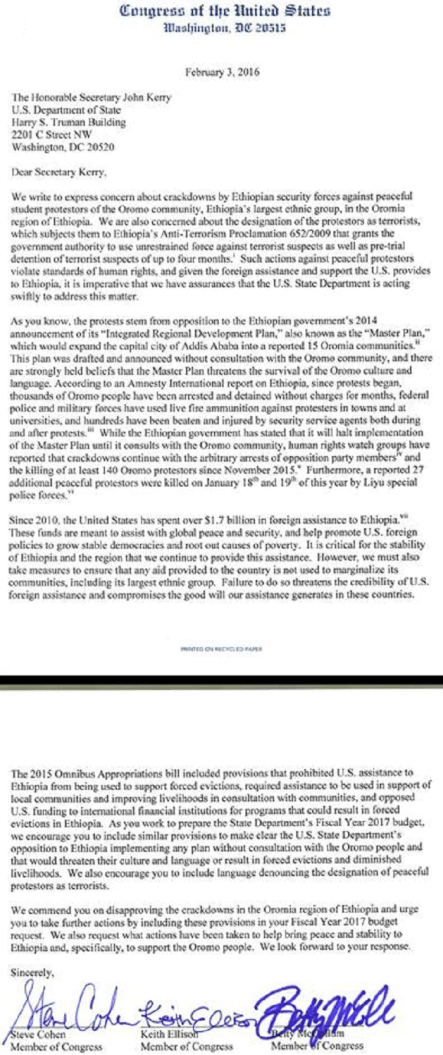 Three members of the US Congress urge Secretary of State, John Kerry, to take action against Ethiopian regime