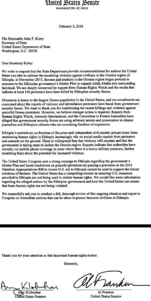 U.S. Senators Al Franken and Amy Klobuchar write to US State Department and John Kerry asking for recommendations on U.S. actions to address violence against #OromoProtests. p1