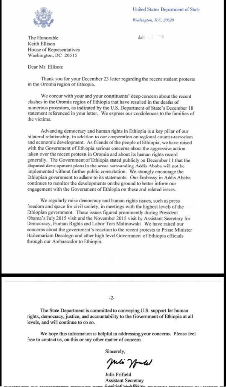 US Department of State responds to Congressman Keith Ellison's letter written on behalf the Oromo people, #OromoProtests.