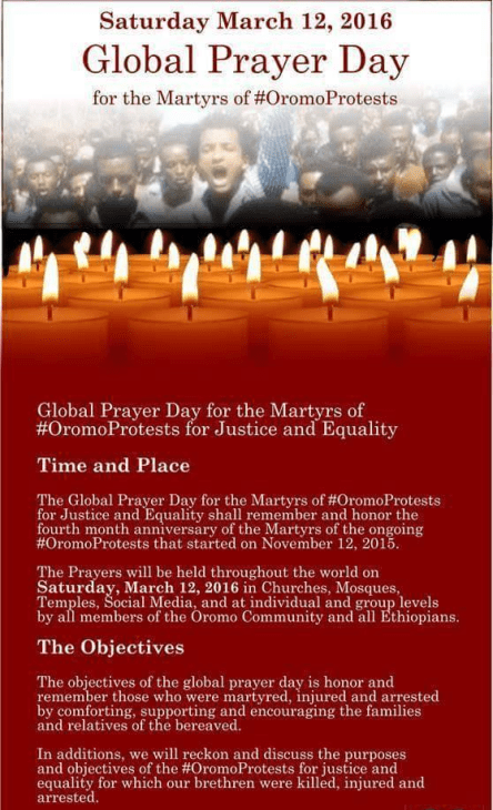 Globaly Prayers Day for the Martyrs of #OromoProtests, 12 March 2016
