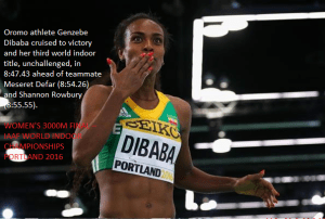 Oromo athlete Genzebe Dibaba cruised to victory and her third world indoor title, Portland 2016, 20  March 2016