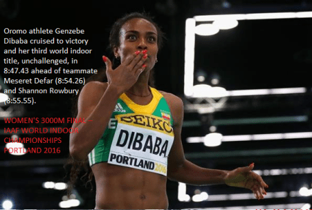 Oromo athlete Genzebe Dibaba cruised to victory and her third world indoor title, Portland 2016, 20 March 2016