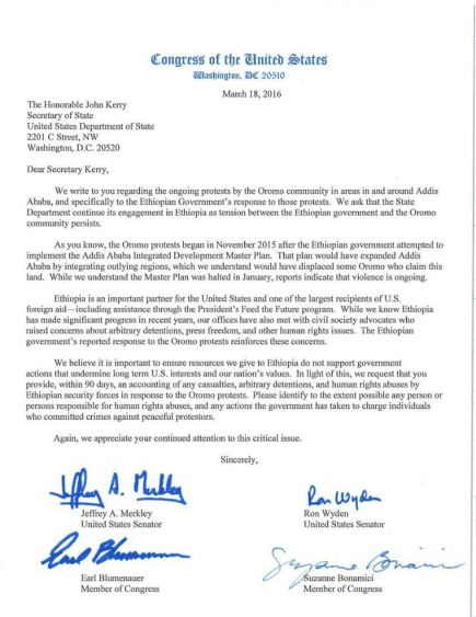 Portland Senators Jeffrey A Merkley & Ron Wyden write letter to Secretary of State John Kerry urging him to ensure resource given to Ethiopia are not just for purposes that undermine US long term interst