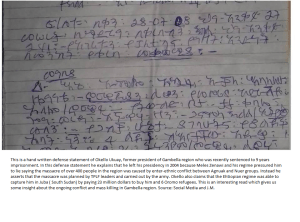 This is a hand written defense statement of Okello Ukuay, former president of Gambella
