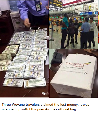Three Woyane travelers claimed the lost money. It was wrapped up with Ethiopian Airlines official bag