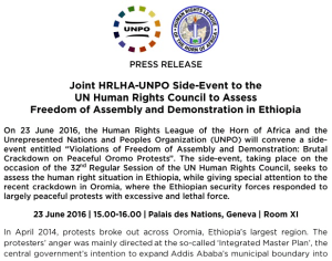 Joint HRLHA- UNPO Side Event on the occassion of the 32nd Regular Session of the UN Human Rights Council, seeks to assess the human right situation ine Ethiopia