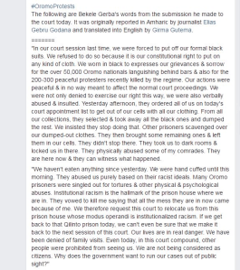 Oromo leader and political prisoner Bekele Gerba said 'Our lives are in real danger.' 3rd  June  2016
