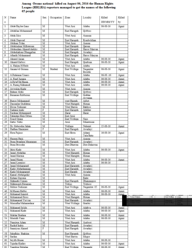 Among Oromo nationals killed on August 06, 2016 the Human Rights League (HRLHA) reporters managed to get the names of the following 65 people