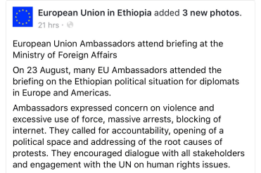 EU Ambassadors briefing on Ethiopia, 23 August 2016