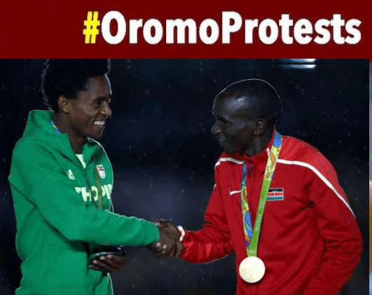 Feyisa Lelisa, Oromo Olympic Marathon silver medalist and #OromoProtests global icon and Eliud Kipchoge of Kenya, Rio 2016 Olympic Marathon Gold medallist
