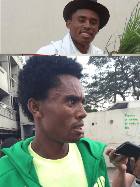 Hero Hero, double hero in Olympic Marathon, Rio 2016 and Oromummaa. Oromo athlete. Fayyisaa Lelisa as he speaking to media