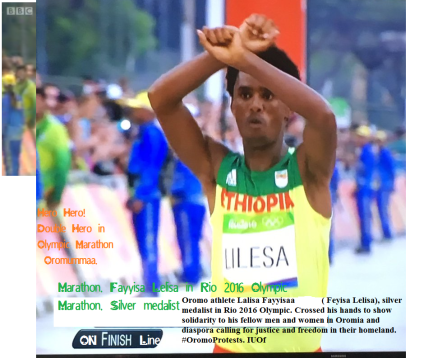 Hero Hero, double hero in Olympic Marathon, Rio 2016 and Oromummaa. Oromo athlete. Fayyisaa Lelisaa.
