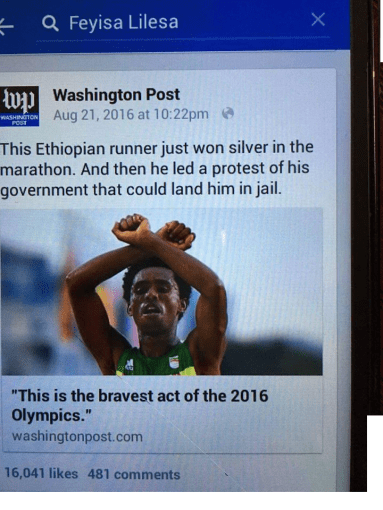 Oromo Olympic marathon athlete Fayyisaa Lalisaa in the social and international media. #OrompProtests global icon. p4