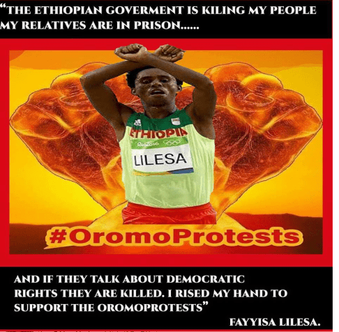 Oromo Olympic marathon athlete Fayyisaa Lalisaa in the social and international media. #OrompProtests global icon. p7