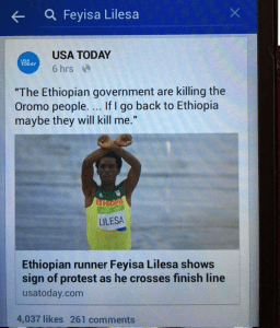 Oromo Olympic marathon athlete Fayyisaa Lalisaa in the social and international media. #OrompProtests global icon. pl