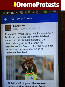 Oromo Olympic marathon athlete Fayyisaa Lalisaa in the social and international media. #OrompProtests global icon