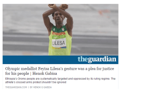 Oromo Olympic marathon athlete Fayyisaa Lalisaa on the Guardian. #OrompProtests global icon