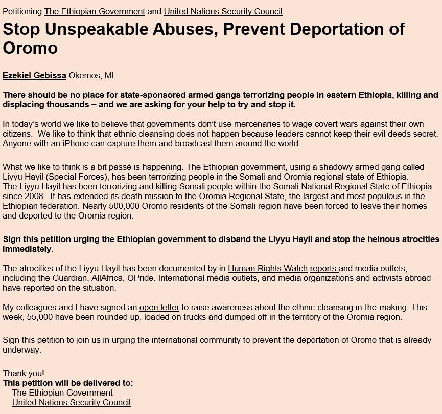 Petitioning the Ethiopian Government and United Nations Security Council to stop the genocide against the Oromo people.png