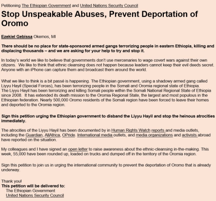 Petitioning the Ethiopian Government and United Nations Security Council to stop the genocide against the Oromo people.png