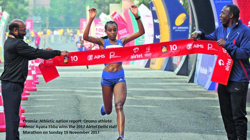 Oromo athlete  Berhanu  Almaz Ayana Ebba wins the  2017 Airtel Delhi Half Marathon  on 19th November 2017.png