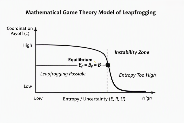 Graph depicting a mathematical game theory model of leapfrogging, showing the relationship between coordination payoff and entropy/uncertainty. Includes labeled zones such as 'Equilibrium', 'Instability Zone', and 'Leapfrogging Possible'.